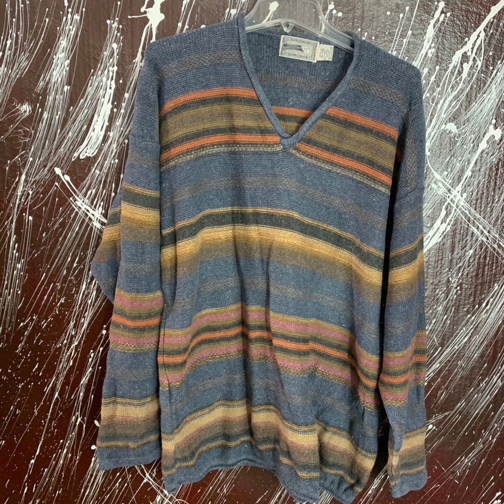 Vintage Concrete Striped V-Neck Sweater Oversized Ramie Cotton Blue Multi XL XXL